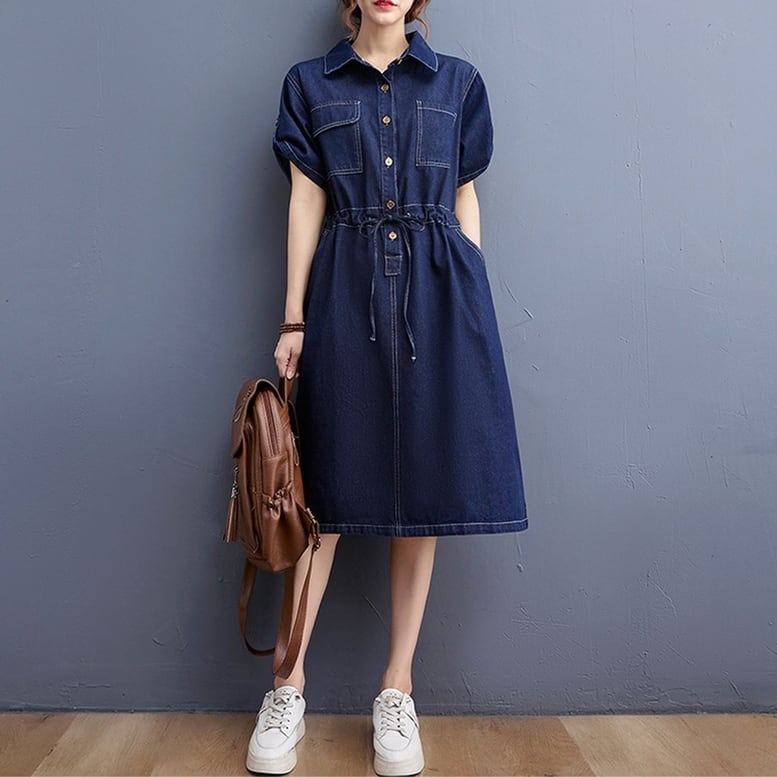 レディース ワンピース デニムワンピース ミディアム デニム ドレス 襟付き 半袖 ウエストリボン 5,471円