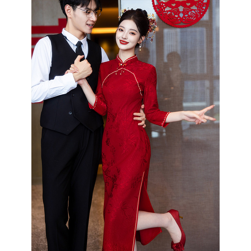 ワンピースドレスドレス服花嫁2025のチョンサムは通常結婚式の婚約ドレスドレスの気質を着ることができます