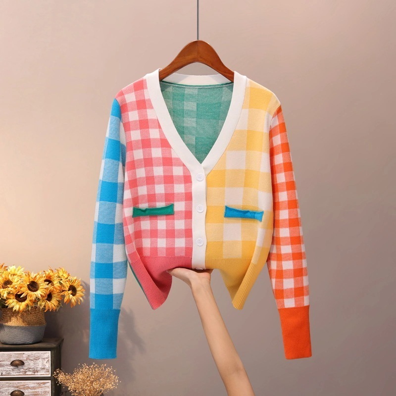 カラフル レインボー トップス ニットソー セーター カーディガン ショート ショート丈 半端丈 長袖 萌袖 Vネック ストレート 切り替えデザイン ポケット 前開き ボタン ニット かわいい
