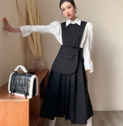 デザイン ワンピース プリーツスカート 袖あり 長袖 パフスリーブ 襟付き シャツカラー アシンメトリー ドッキング デザイン 美ライン ニュアンス レイヤード 異素材MIX かわいい 大人可愛い