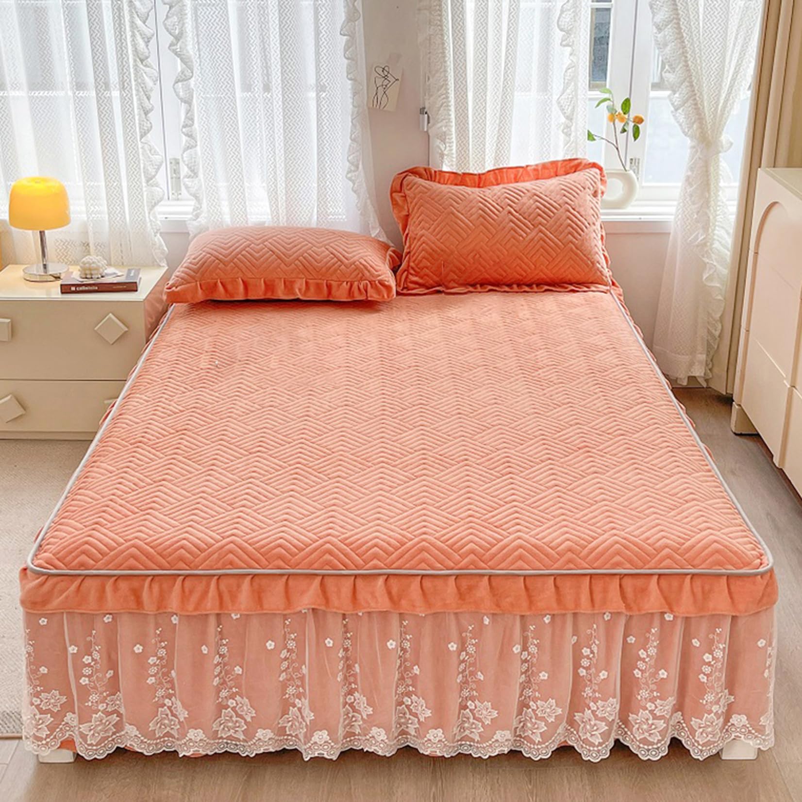 Fzigenle 厚手 レース付き ベッドスカート シングル ベッドシーツ ダブル 豪華 あったか ベッドスカート 冬 肌に優しい 静電気防止 マットレスカバー ベッドスプレッド マイクロファイバー