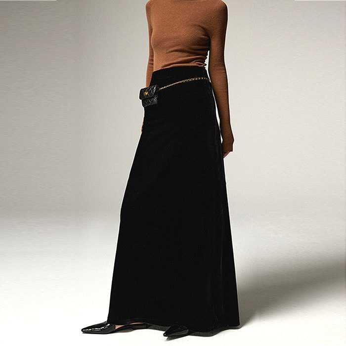 お見逃しなくロングスカート　大人スタイル　超ロングスカート　ブラック　ベロア風　スリット入り　sk-2501-1