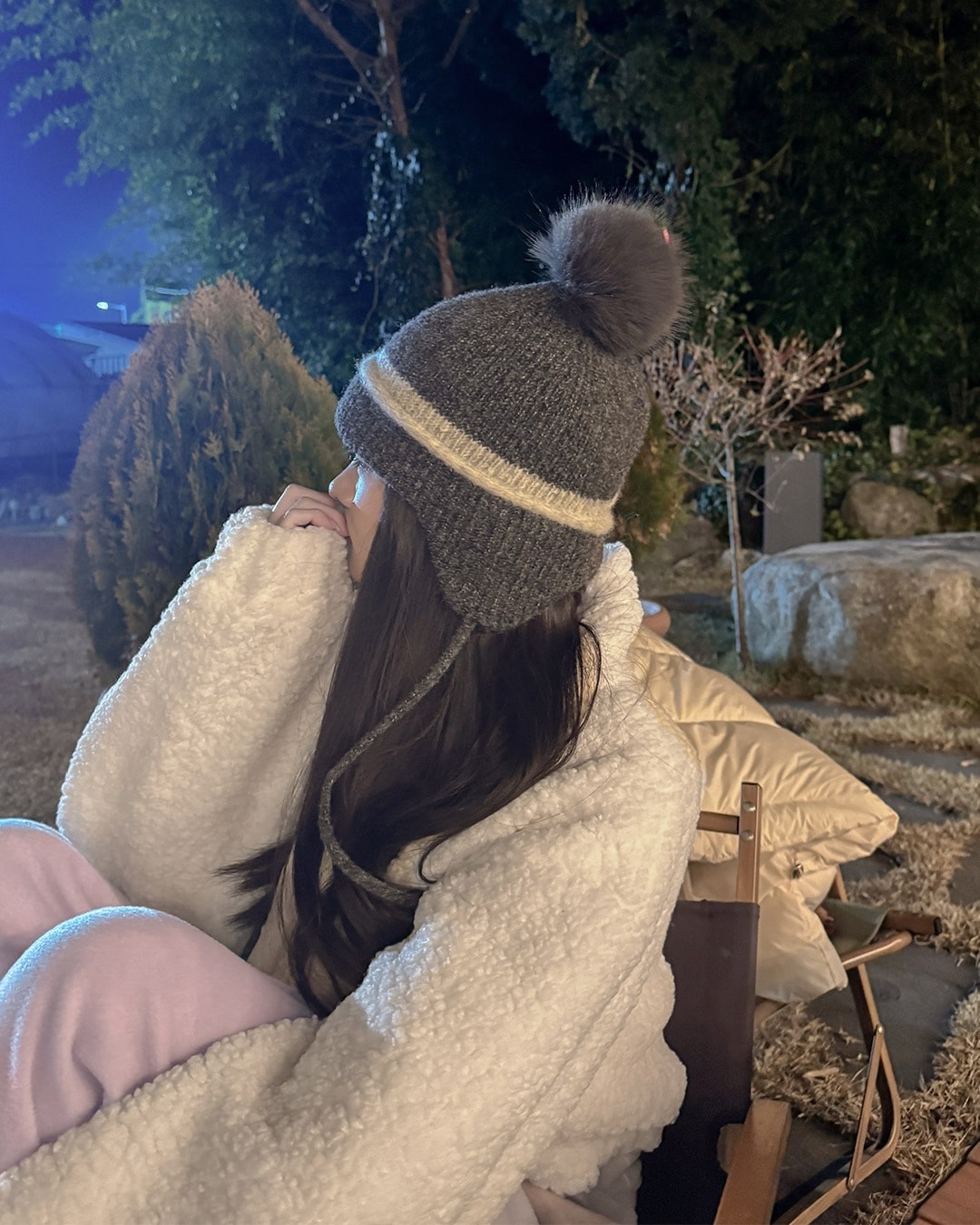 ボンボン付きボーダー柄ニット帽子韓国ファッション レディース