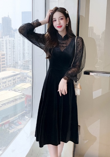 ワンピース フレアワンピース ワンピドレス ミモレ ミモレ丈 ロング ロング丈 袖あり 長袖 ボリューム袖 セミフレア スリム タイト Aライン レース チュール フォン 切り替えデザイン 透け感