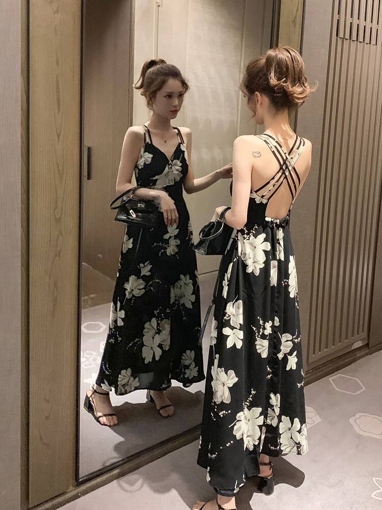 キャミ ワンピース ロング 夏 花柄 レディース シフォン マキシ丈 Vネック クロス バックコンシャス 背中開き ハイウエスト 切り替え Aライン ゆったり お洒落 普段使い お出かけ デート 旅行