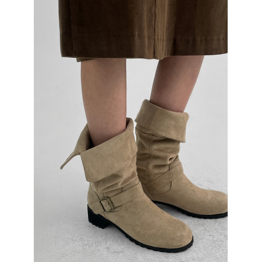 ブラックアップデイモンバックルフォールディングスエードミドルブーツ