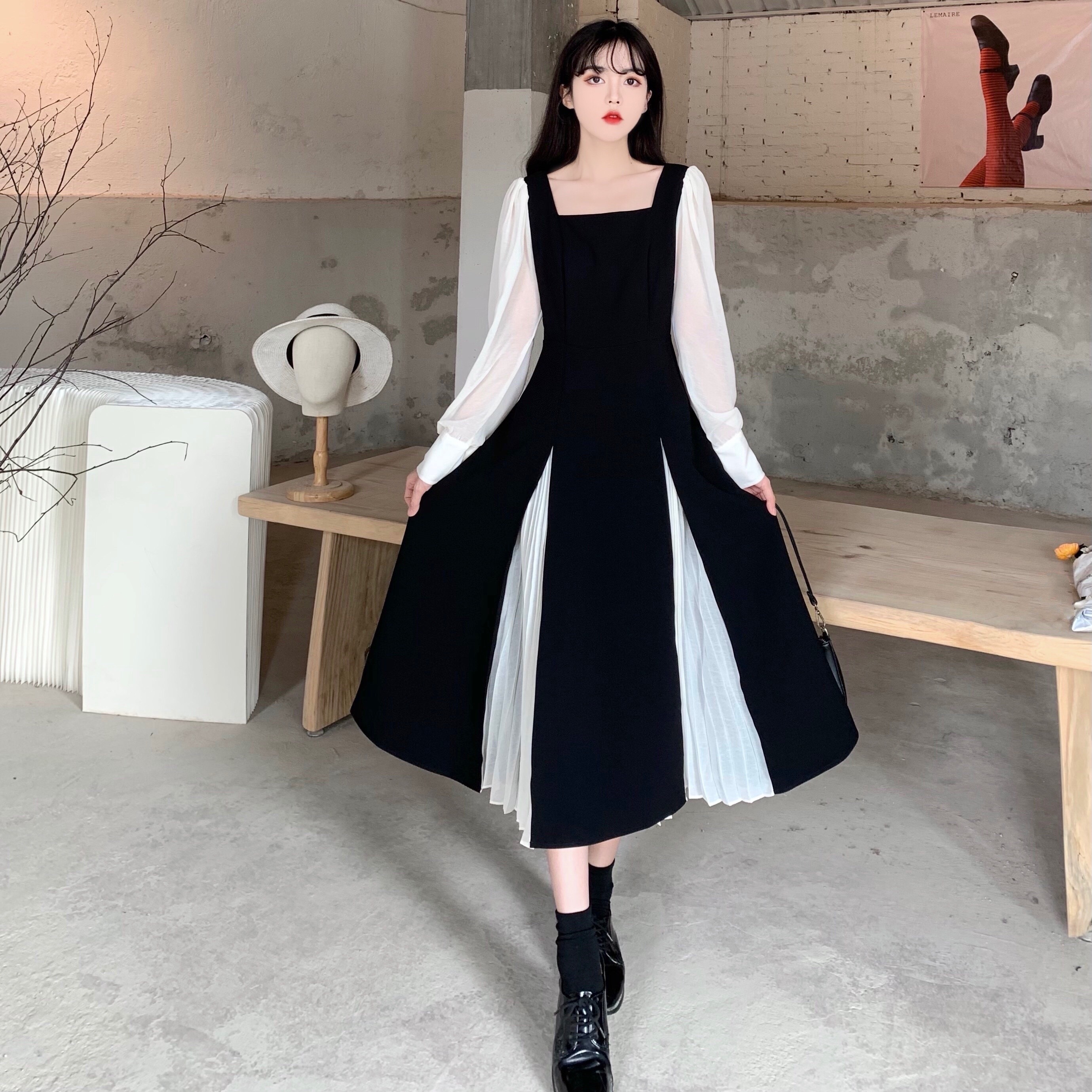 フレアワンピース ブラック ワンピース ロング ロング丈 スリム 細身 ストレート スマート