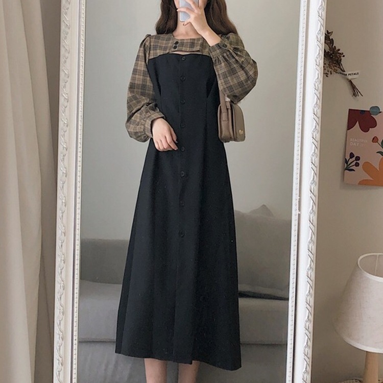 胸上カットアウト ウエストタック フロントボタン 重ね着風 フェイクレイヤード ワンピース 膝下