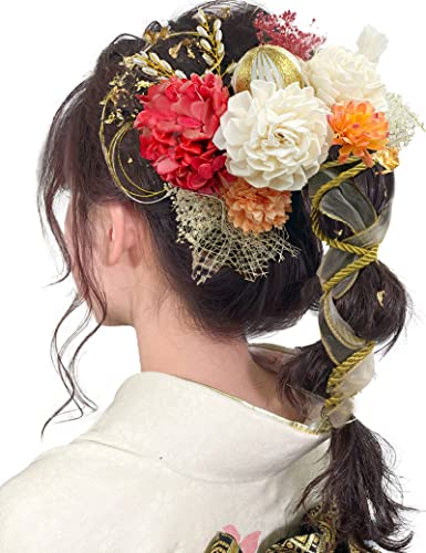 JZOON 髪飾り 成人式 髪飾り 10色 ドライフラワー 造花飾り 水引 紐 ヘアーアクセサリー 和玉 かすみ草 金箔 人気 和服 着物 振袖