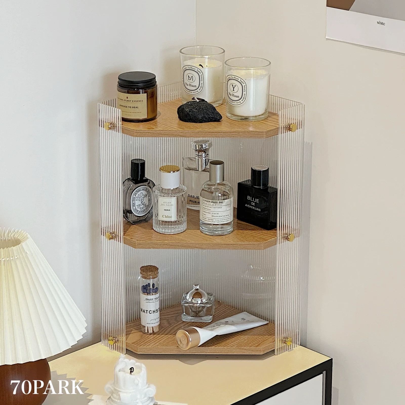 クリア アクリル 木目調 三段 収納 コーナーラック 全2色 コスメ 香水収納 おしゃれ 韓国 韓国インテリア 韓国雑貨 韓国っぽ 北欧 北欧インテリア インテリア雑貨 収納 70PARK