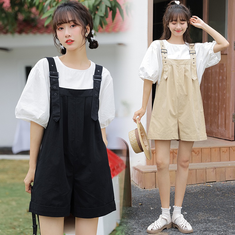 サロペット ブラウス セットアップ シャツ ブラウス サロペット ショート ショート丈 袖あり 半袖 パフスリーブ ラウンドネック ハイウエスト 綿 上下セット 2点セット ツーピース かわいい