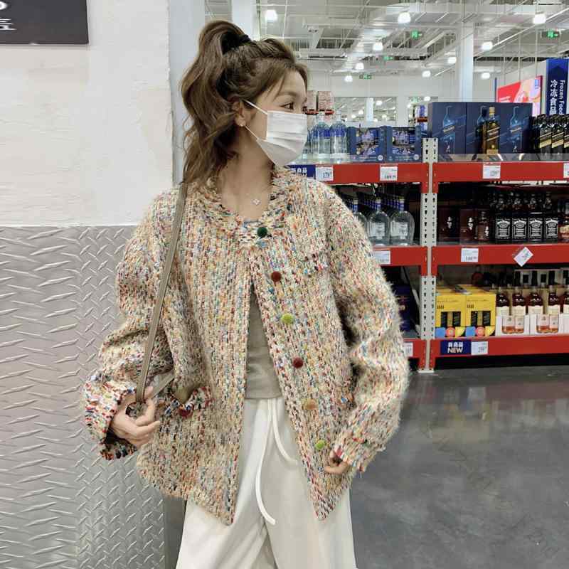 【特売セール】春物 ジャケット レディース ツイード tweed 韓国風 アウター 長袖 粗 ゆったり カラフル ミックスカラー 大人 かわいい エレガント 婦人服