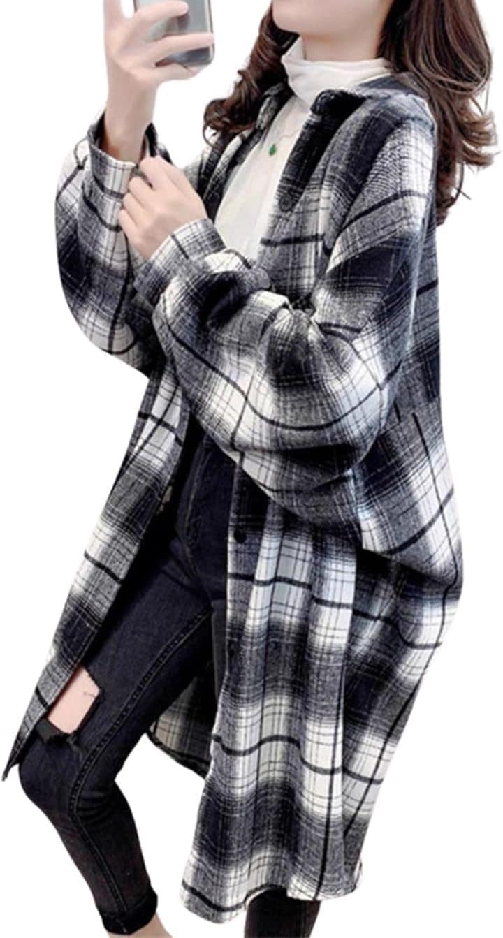 オーバーサイズ 厚手シャツ アウター 長袖 秋 レディース フリーサイズ チェック ロング ゆったり おしゃれ 羽織り( ブラック, Free Size) 5,318円