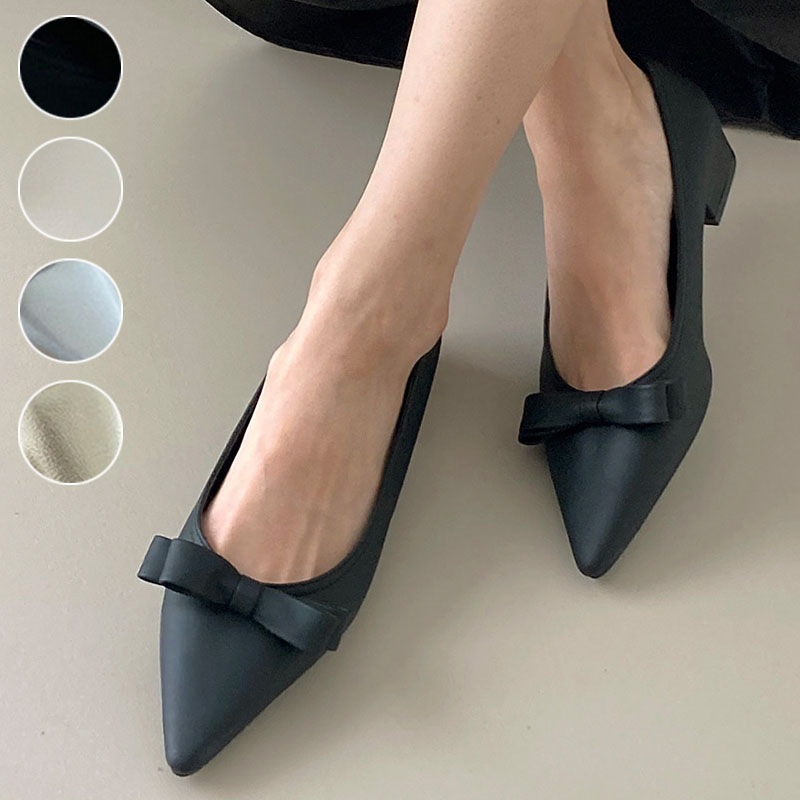 4color 女性らしい雰囲気のリボン付き 無地 ポインテッドトゥ デイリー ローヒールパンプス．フラットシューズ