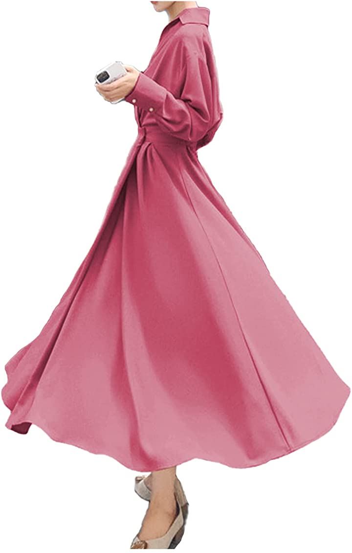 ロングフレアワンピース 襟付き きれいめ 長袖 レディース(ピンク, L) 5,702円