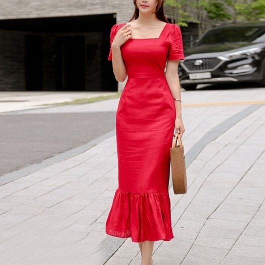 ワンピレース ワンピ スクエアネック レッド S M L XL フリル プリーツ スーツ オルチャン 4,963円