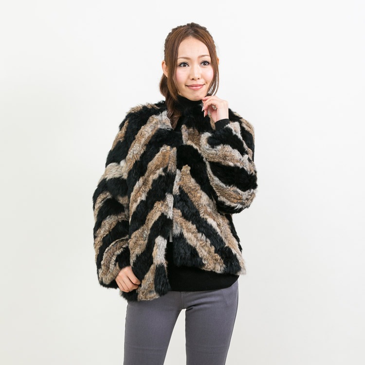 ラビット ファー ニッティング ノーカラー ジャケット ブラックナチュラルゴマ レディース 送料無料 ギフト プレゼント