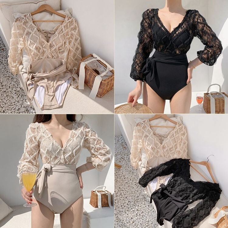 水着 レディース 2色 三角ビキニ ワンピース水着 M L XL 韓国 体型カバー水着 パッド付き 長袖 レース ウエストマーク 谷間 盛れる かわいい 大人可愛い きれいめ シンプル カジュアル