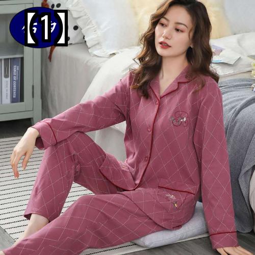 中高年の母親レディースコットンパジャマ春秋長袖カーディガンルーズプラスサイズホームサービススーツ