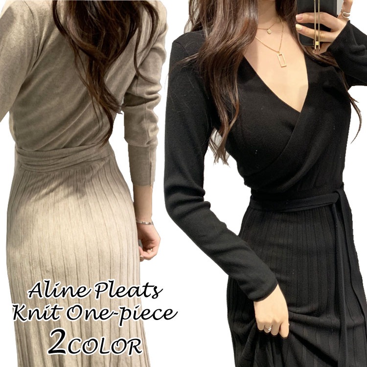 ニットワンピース ウエストマーク ハイウエスト Aライン ウエストリボン プリーツ Vネック レデ