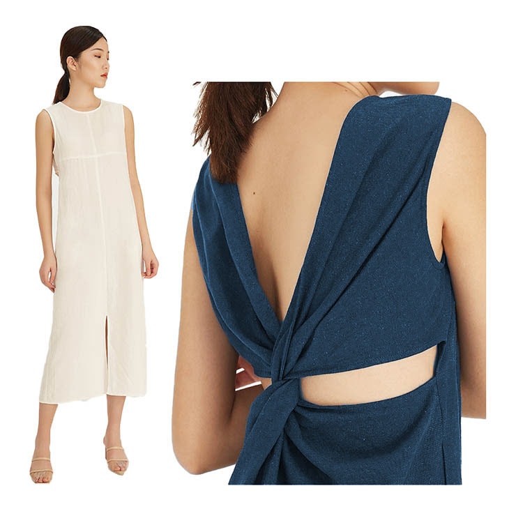 背中 開き 麻混 ワンピース 即納 バックツイスト ねじり バックオープン ロング 白 青 S M ノースリーブ リゾート 5916761956516