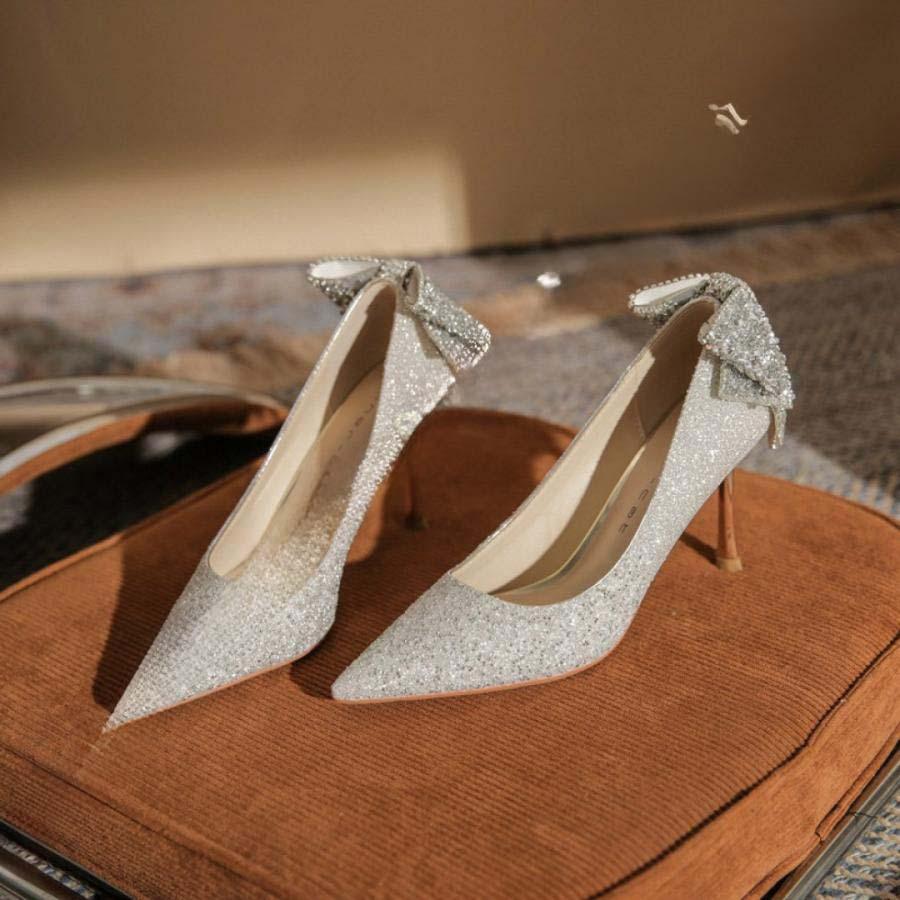2025新品 数量限定 ドレスシューズ クッション ピンヒール ラインストーン スパンコール 蝶結び リボン 金属ヒール パンプス レディース ハイヒール きらきら 甲浅 エレガント 短納期