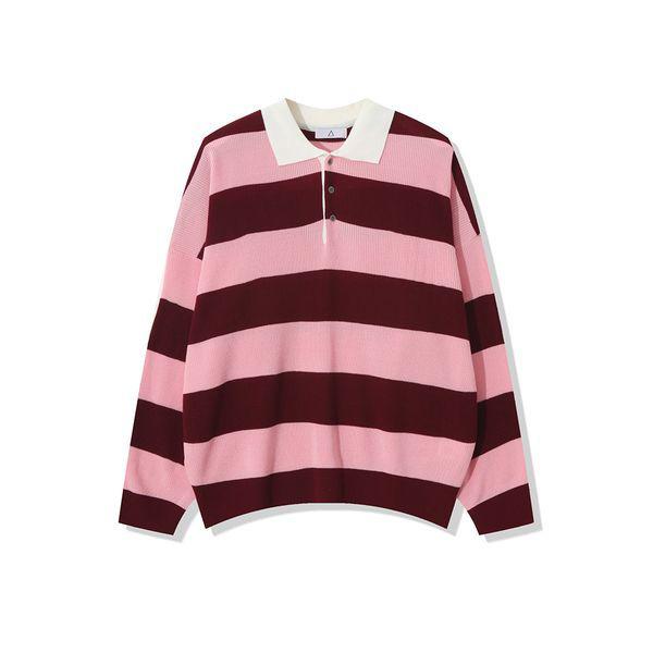 メンズ秋配色ボーダーカラーネック長袖ニットTシャツ AC KN Q61 ピンク_P405656101