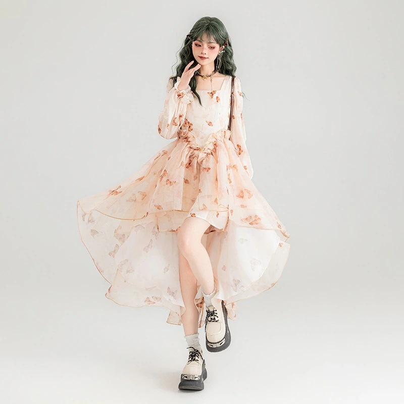 【裾取り外し可能な2重スカート】フェアリー花柄スクエアネックワンピース2024夏休みトレーリングプリンセスドレス