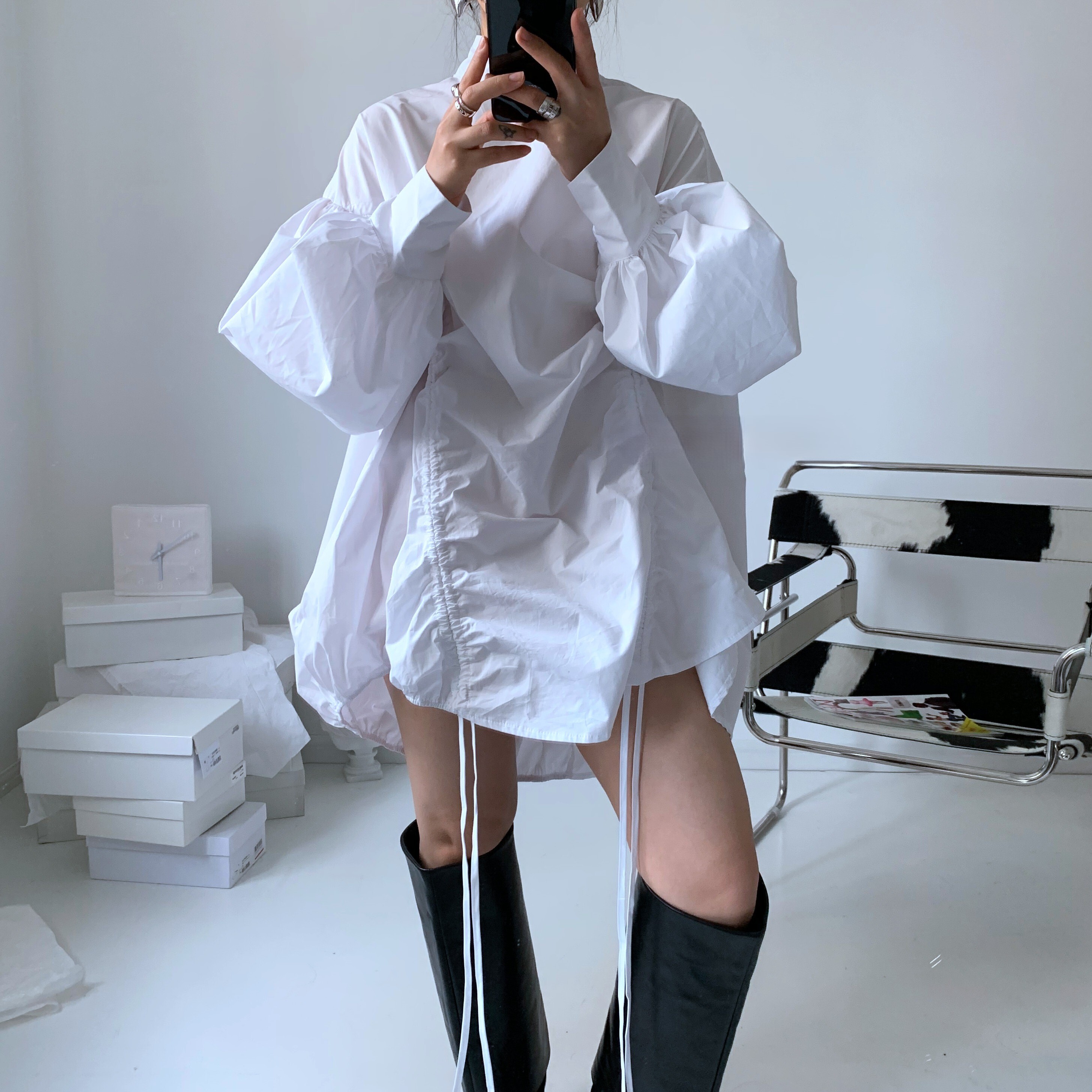 トップス ワンピース シャツ カットソー レディース シャツワンピ ロング 長袖 ボリューム袖 パフスリーブ ドロップショルダー バルーン袖 ハイネック ボトルネック 襟なし ワイド フレア 8,717円