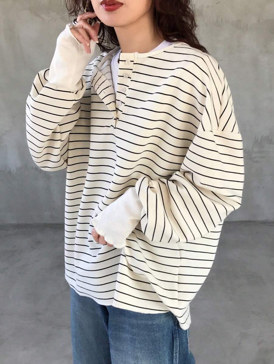 FRIFUL 女性 ルーズフィット ドロップ 長袖ストライプTシャツ秋向け