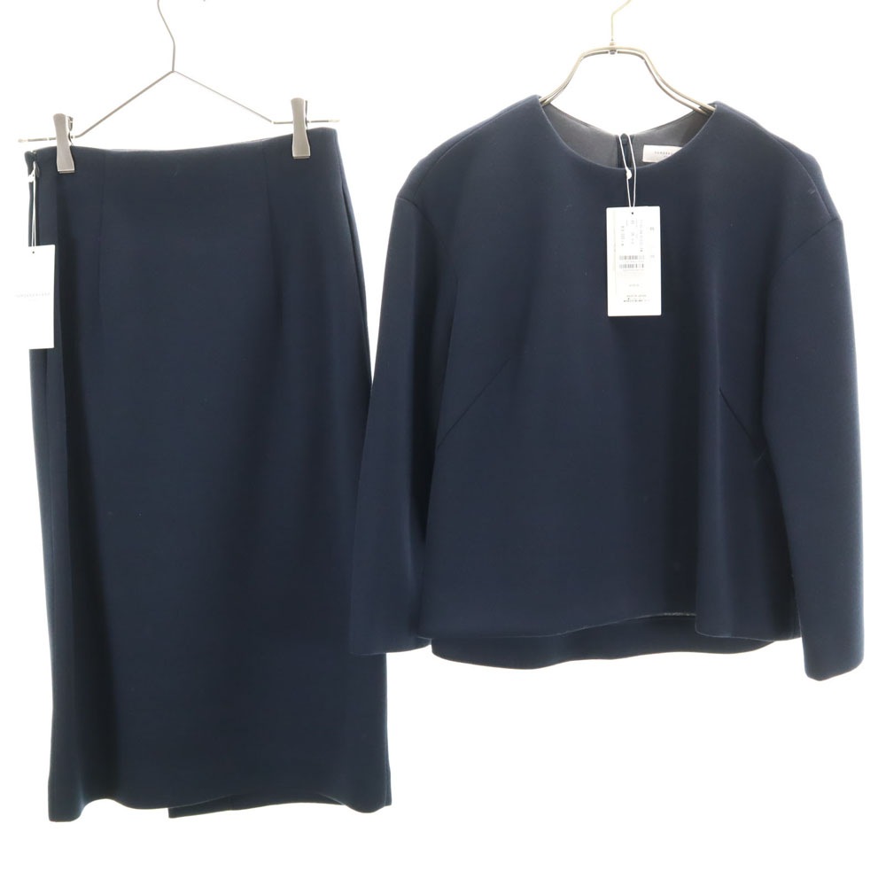 未使用 日本製 ボンディングクロス クルーネックプルオーバー スカートスーツ 上下セットアップ 36 ネイビー タグ付き レディース