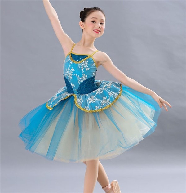バレエ 女の子 子供 キッズ 可愛さ満載 バレエダンス ダンス服 練習着 演出用 ワンピース ブルー 子供ダンス衣装 チュチュ 演出バレエ ジュニア ballet用品 dm485g4g4c6