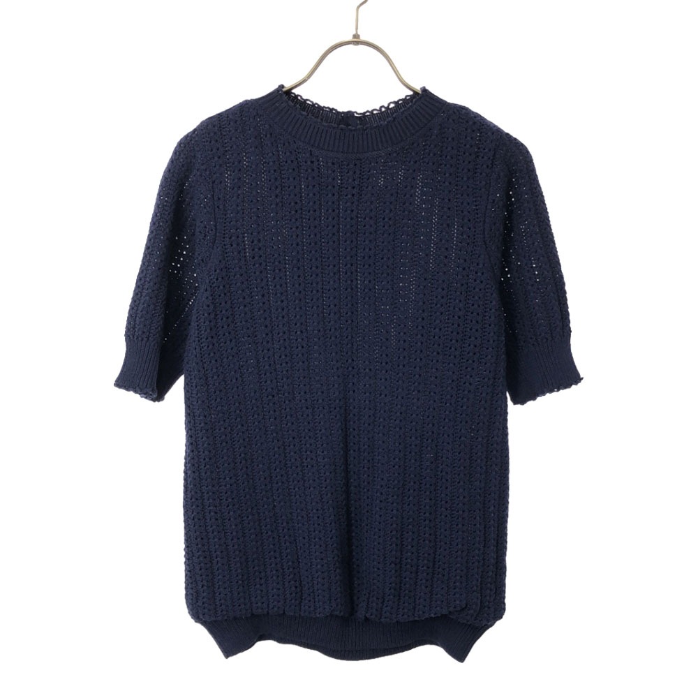 イタリア製 ウールシルクブレンド 半袖 かぎ編み ニット S ネイビー レディース