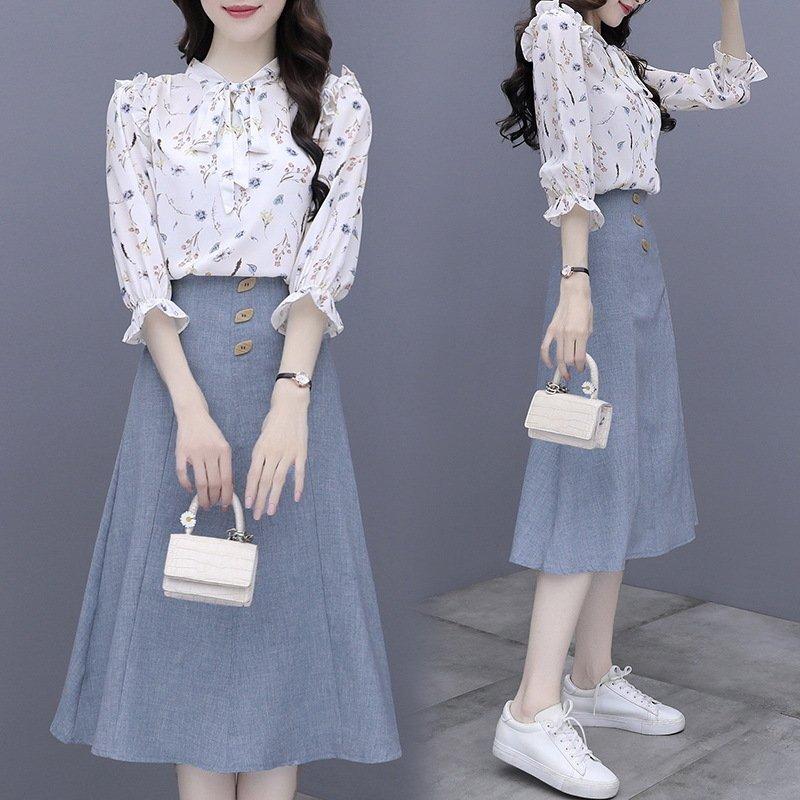 登場 レディースセットアップキレイめ40代半袖ブラウス春夏スカートシャツ七分袖ロング丈フレアスカート白花柄大人可愛い30パーセント限定