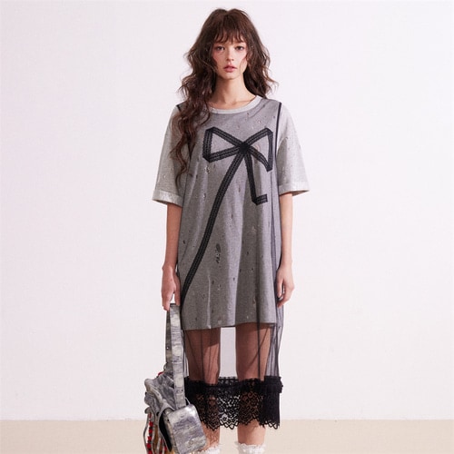 [2色]ブラックリボンレースミックスニットワンピース 8,547円