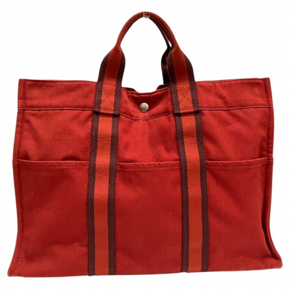 エルメス フールトゥMM キャンバス レッド バッグ トートバッグ ハンドバッグ【中古】