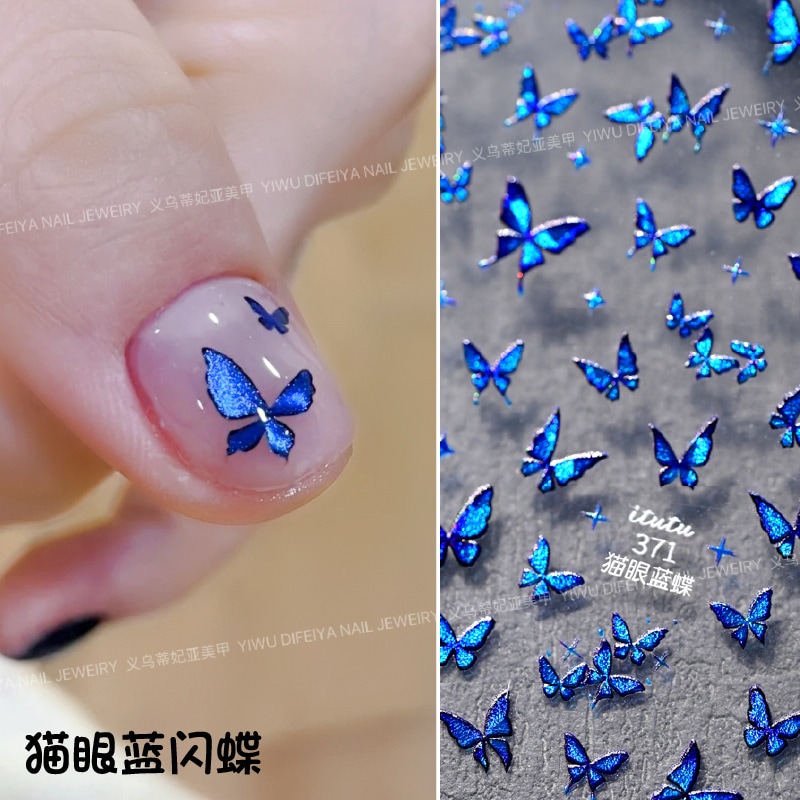 【1点ご購入 で10点プレゼントいたします】青キラキラ蝶ネイルシール超美しい手描き紺キャッツアイキラキラ蝶緑の仙気蝶ネイルアップリケ