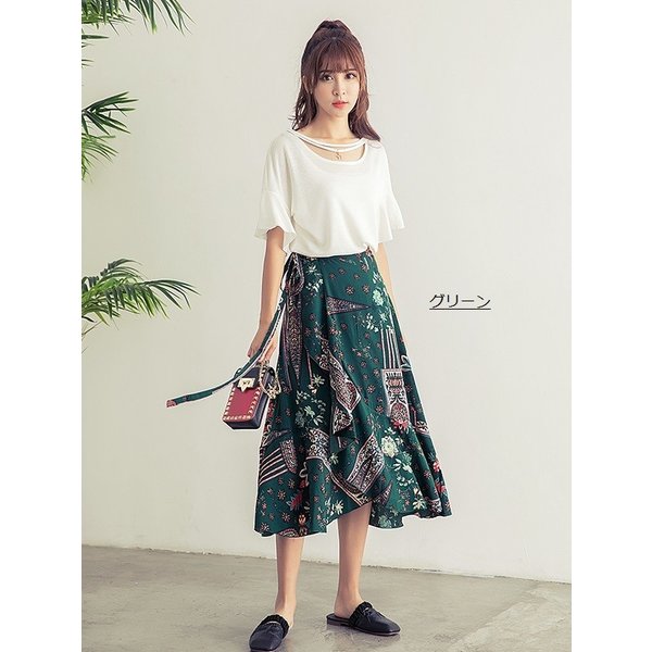 スカート パンツ ロング丈 マキシ丈 シフォン フリル シフォンスカート 花柄 マーメイドライン