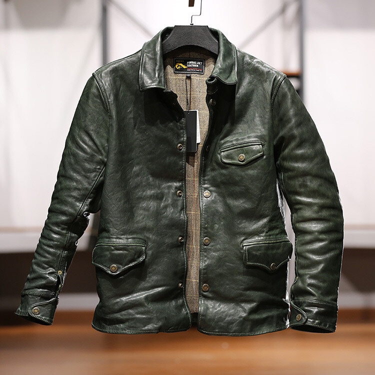 コウイチ　メンズ レザージャケット 高級本革 ホースハイド 70s ドライビングコート ライダースジャケット Mサイズ/グリーン