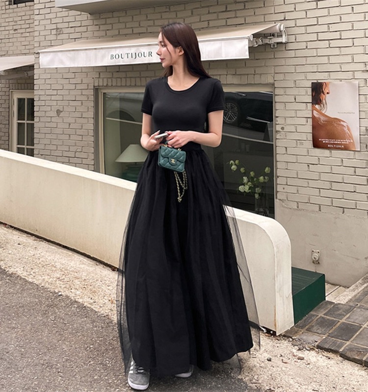 ドッキングチュールワンピース. 異素材MIXワンピース オーバーチュール ワンピース 異素材 ロング 半袖 ウエスト切り替え 半袖 ラウンドネック. レディース ブラックワンピース ワンピース ドレス