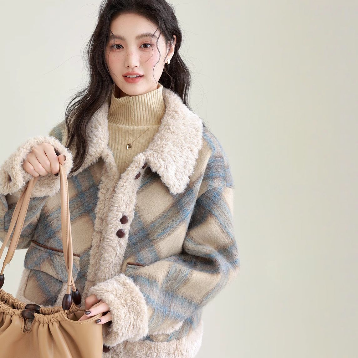 秋と冬の新しい韓国のレトロ柄のデザインラムウールと綿ウールジャケット