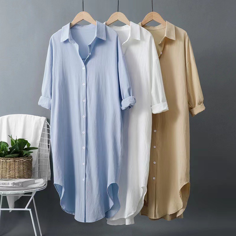 ロングシャツ シャツワンピース 白 フロントボタン シンプル 韓国 レディース オルチャン シャツ 膝丈 袖あり 長袖 ボリューム袖 ワイド かわいい 大人可愛い シンプル XL 2XL 4,919円