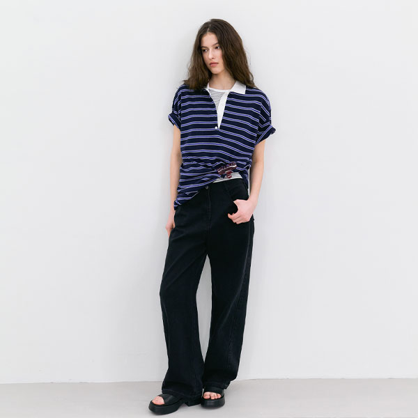 LOOSE FIT HALF SLEEVE STRIPED POLO KNIT (T-7242)