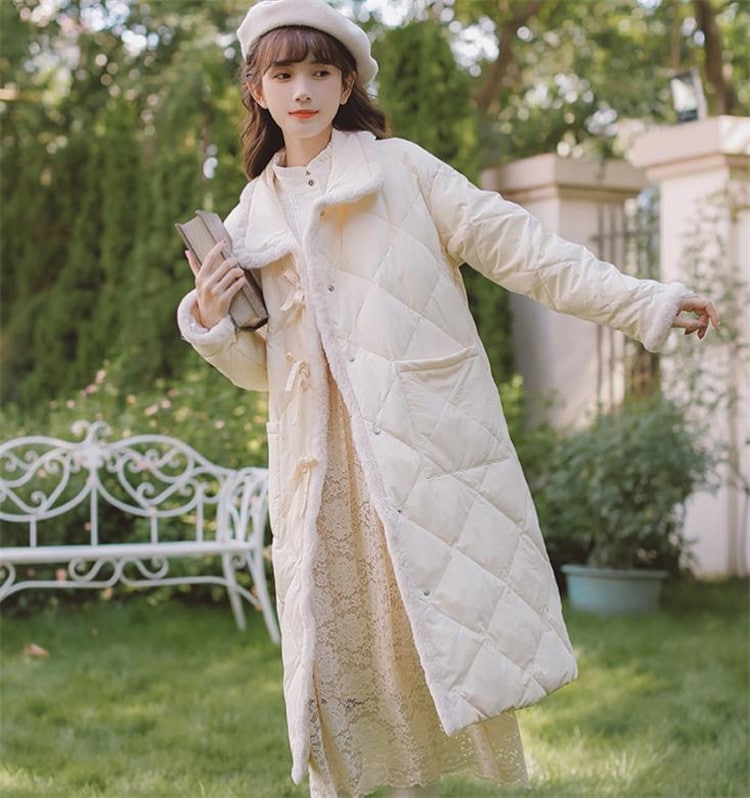 激安セール レトロ 蝶結び ダウンジャケット縫付 女性 ロング 冬 厚手 コート