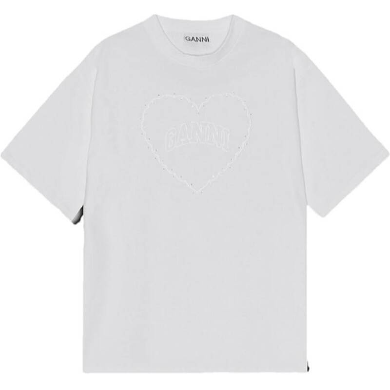 GANNI T4033 151 ハートラインストーンロゴ レディース半袖Tシャツ