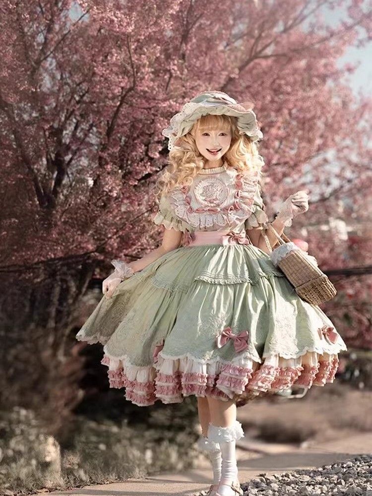 フランス風の気質の緑の清新な半袖のlolitaのスカートのOP重工の華麗な王女のかわいい甘くて優雅なワンピース