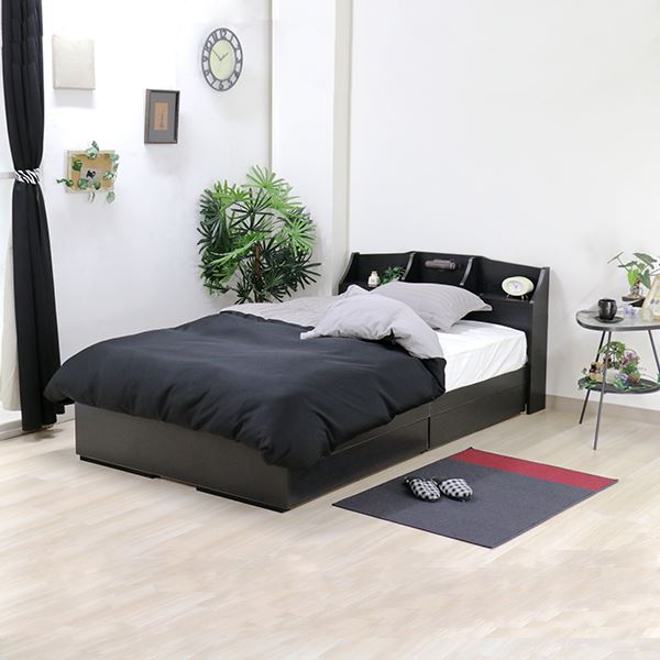 ベッド 日本製 ブラック シングル マットレスセット ポケットコイル 収納付き 引き出し付き 棚付き 宮付き コンセント付き 照明付き シングルベッド