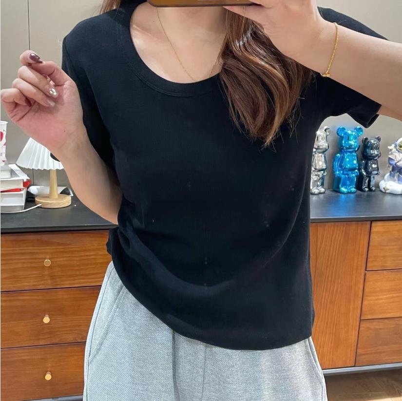 ピュアコットンスレッドラウンドネックホワイトTシャツ女性の半袖夏の新しいスリムフィットと薄い鎖骨ボトムトップ