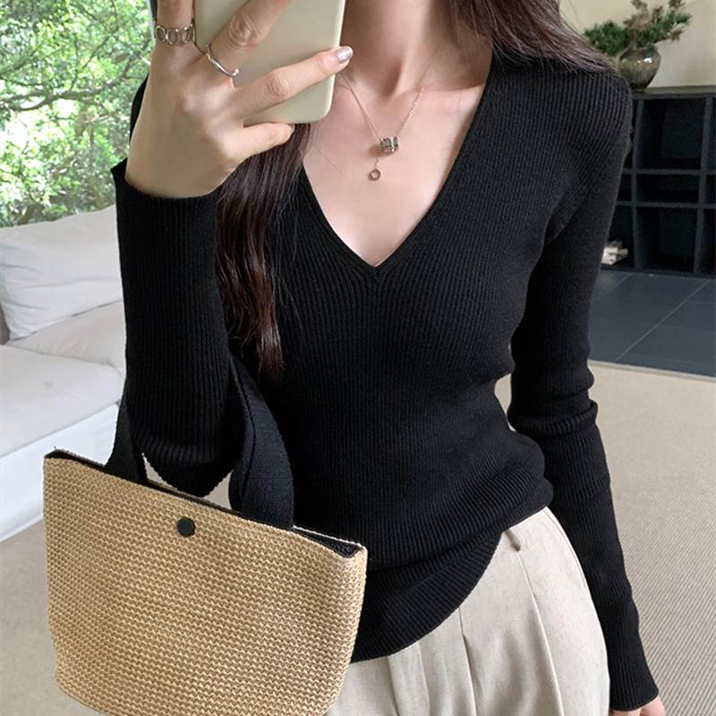 クーポン有トップス ニット セーター 春 秋 冬 長袖 Vネック スリム タイト 細身 ブラック XS SS S M L XL LL バイト イベント リゾート 旅行 高原 ホテル ガーデン ライブ