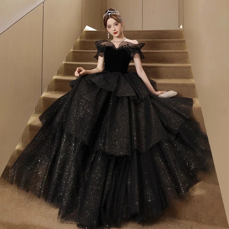 イブニングドレス ロングドレス オフショルダー黒 ベロア ベルベット チュール 発表会ドレス ブラック オフショル フリル 可愛い 成人式ドレス 同窓会 謝恩会 Aライン パーティードレス 大きいサイ